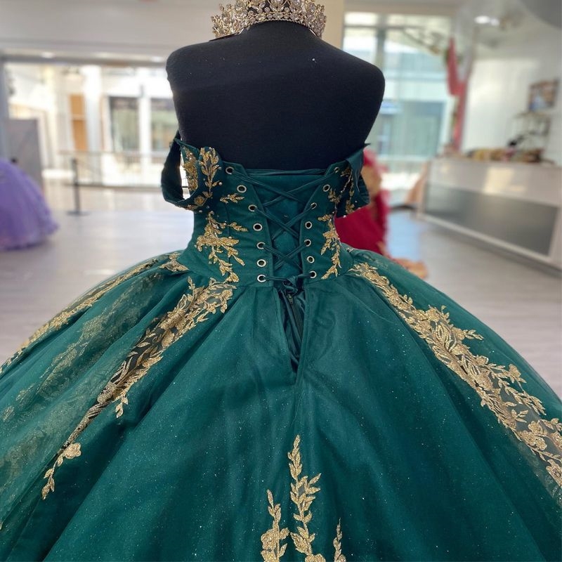 Emerald Green Shiny Sweetheart Quinceanera Dresses Ball Gown Gold Applique Lace Beads Tull Sweet 16 Dress Birthday Party Vestidos De 15 Anos
