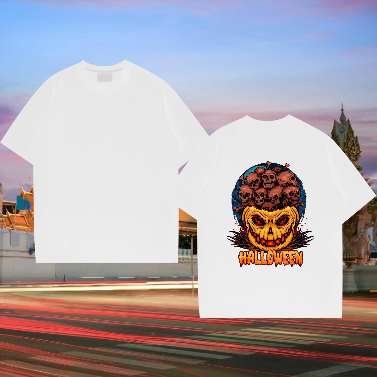 New Men T Shirts 230g Cotton Halloween Spring Summer Tee Shirt Breathable Short Sleeve Unisex Couples T Shirts Black White