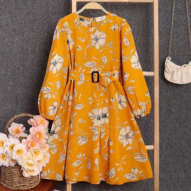 5-12Y Girl Spring and Autumn Style Long Sleeve Dress Plant Printed Round Neck Princess Dress Party DressW240720