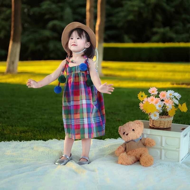 Girls summer clothing girls cotton dress childrens colorful checkered pendant dress childrens sleeveless pendant casual dressW240720
