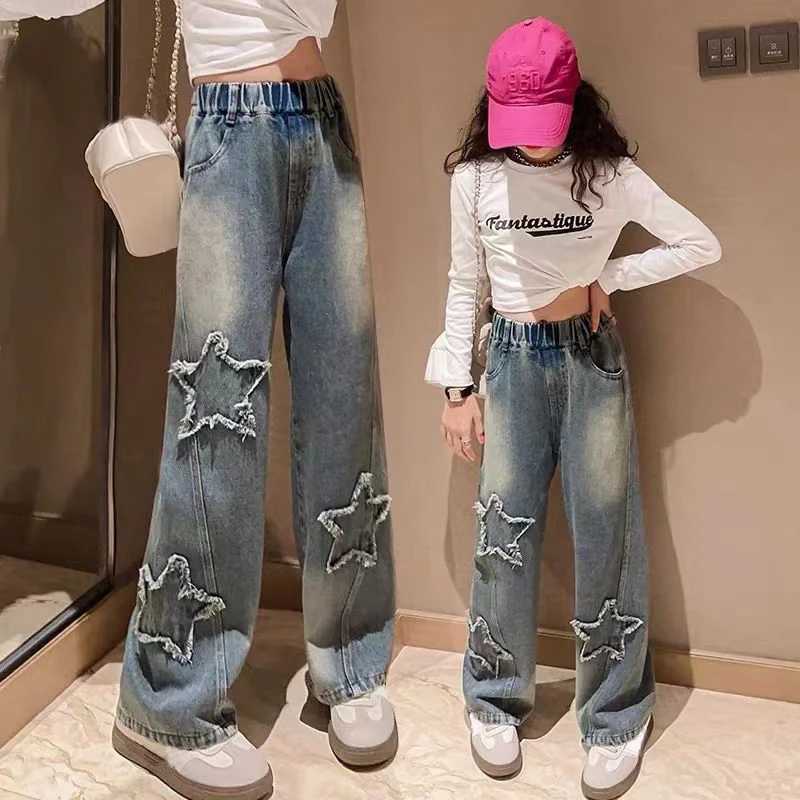IENENS High Waist Jeans Girl Straight Loose Wide-leg Pants Spring and Autumn Korean Baggy Jeans Fashion Kids Denim Trousers W241227