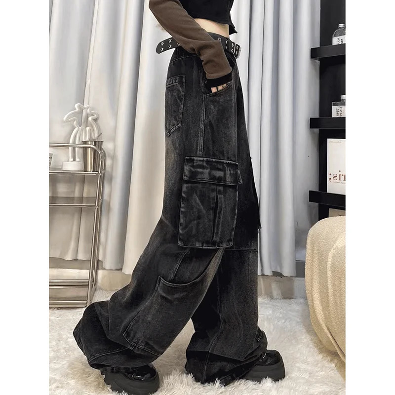 FOTVOTEE Cargo Pants Women Casual Loose Pockets Vintage Streetwear Denim Pants Korean Style Fashion Wide Leg High Waisted Jeans 240806