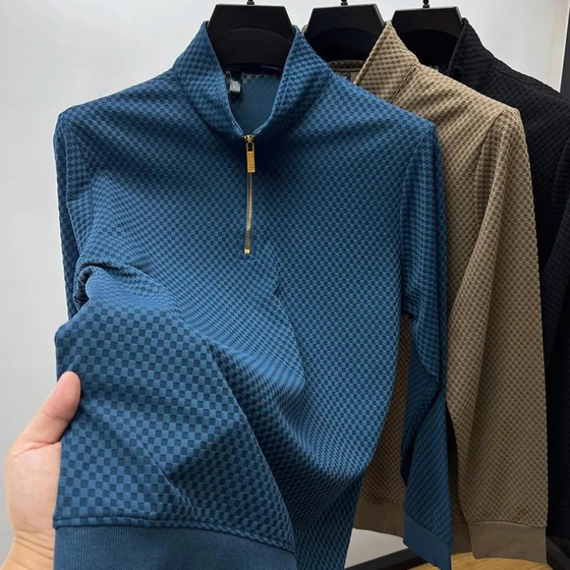 High quality geometric jacquard sweater mens zipper stand up collar long sleeved Tshirt autumn loose 240806