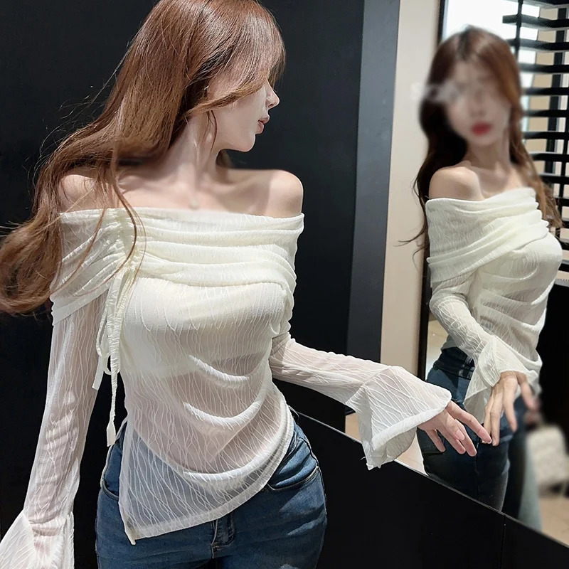 Women Sexy Off Shoulder T-shirt Spring Long Sleeve Slim Fit Crop Top Vintage White Tees Elegant Female Clothes 240806