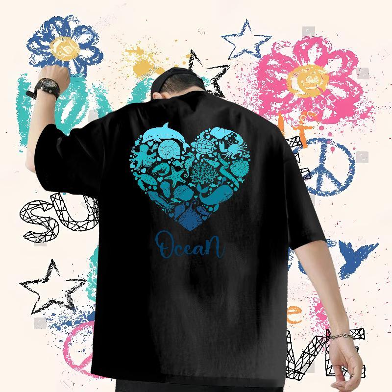 Wholesale Mens T Shirts 100% Cotton 230g fish Beach Tops Shirt Breathable Short Sleeve Free Shipping Mens Tshirts Floral Print