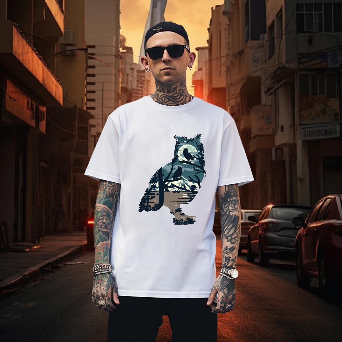 T Shirts Men 230g 100% Cotton Owl Daily Wear Breathable Crew Neck Anime Print Men Tops Tees Classic Casual Designer Clothings