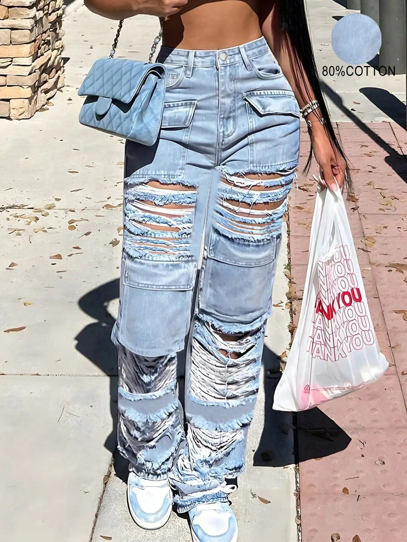 90s Y2K Street High Waist Washed Flap Pocket Ripped Decor Cargo Pants Daily Casual Jean 240806