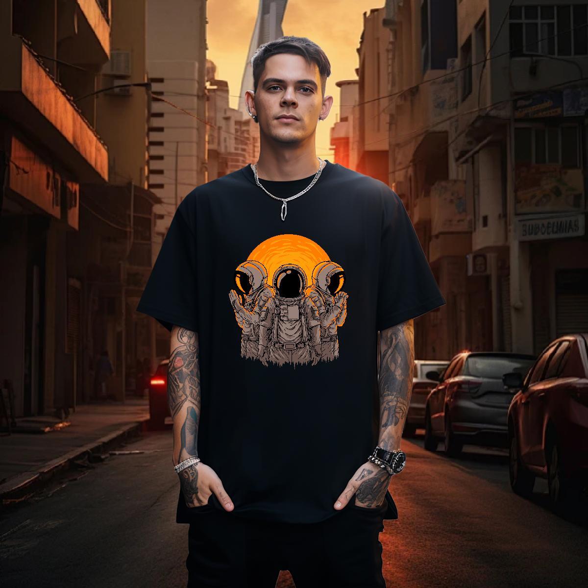 T Shirts Men 230g Cotton spaceman Hip Hop Street Breathable Crew Neck Black Oversized Mens Tshirts Fashion Design High Quality Tee Shirt