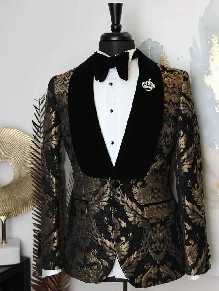 Suits Boys Suits 2 Pieces Black Gold Floral Wedding Suits For Kid Velvet Shl Lapel (Jacket+Pants) Children Formal Party Prom Wear