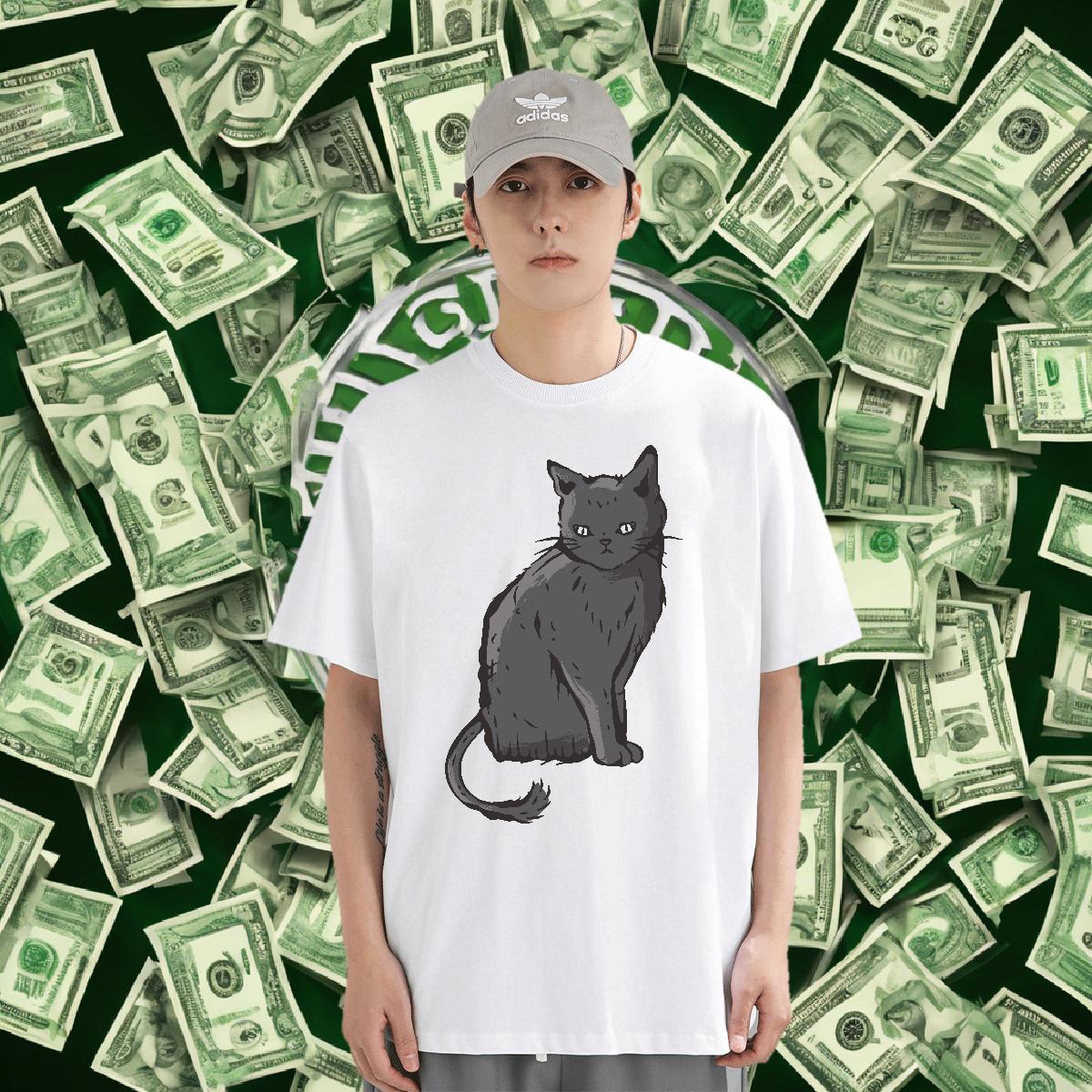 Loose Fit Men Tops Tees 230g Cotton Street Casual cat Cartoon Printing L-4XL Breathable Free Shipping Men T Shirts Clothes