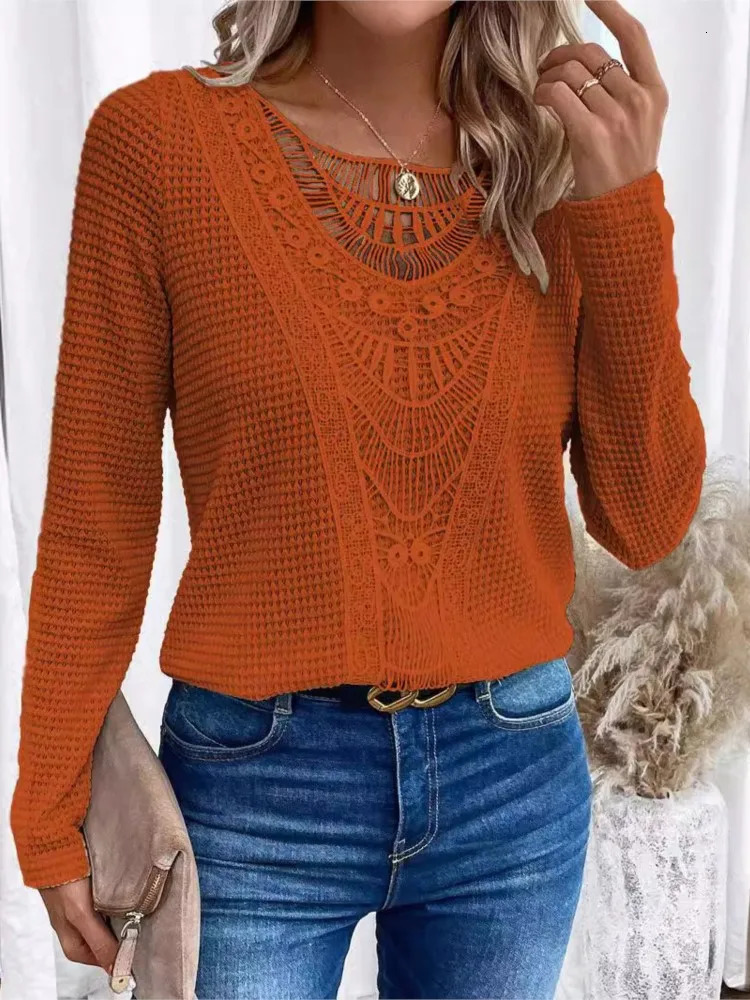 Autumn Winter Knitted Long Sleeved Womens T-shirt Casual Loose Mesh Stitching Fashion Solid ColorFemale Office Knitted Top 240806