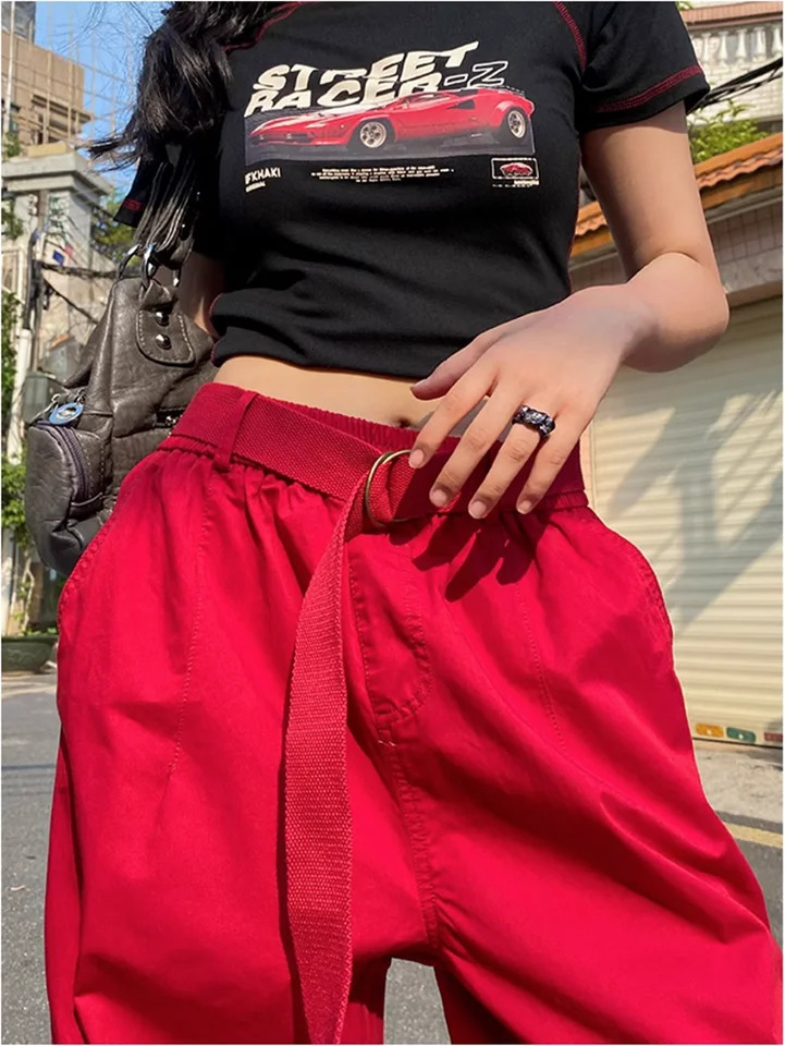 Casual Red Color Women Y2k Street Hip Hop Sweatpants Oversized Trousers Vibe Dance Jazz Long Baggy Cargo Pants Womens Clothing 240806