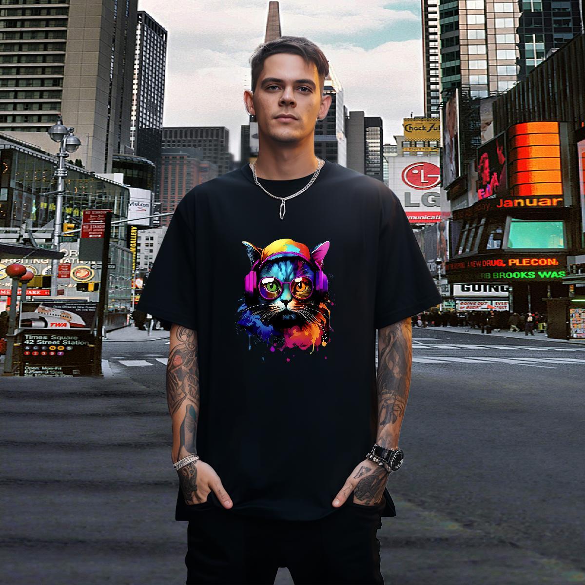 T Shirt For Man 100% Cotton 230g colorful cat Spring Summer Breathable Crew Neck Oversized 3XL 4XL Men Tshirts Customized Free Shipping Wear