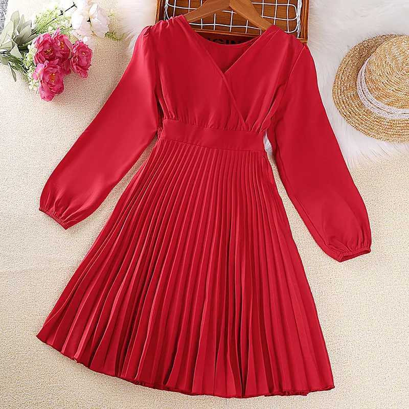 Childrens casual womens clothing 2023 Spring and Autumn fashion childrens V-neck long sleeved red princess pleated dress 7-14YW240720