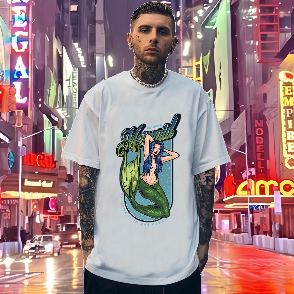 T-Shirts for Men 230g Pure Cotton mermaid Casual Daily Wear Breathable Soft DIY Mens Tshirts Fashion Design Comfortable Polos