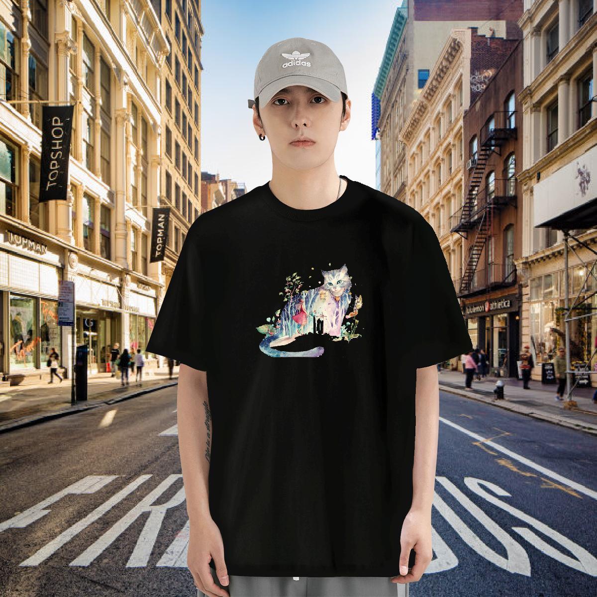 T Shirts Men 230g Cotton cat Casual Beach Short Sleeve O-Neck Black White Men Tops Tees 2024 Summer Wholesale Tops Shirt