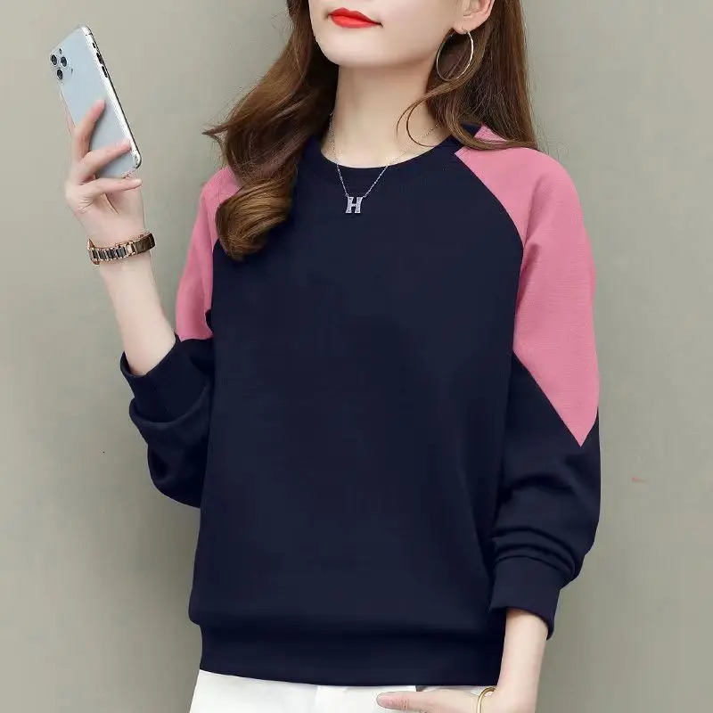 Spring and Autumn Colored Contrast Round Neck Long Sleeve Pullover Sweater Letter Fashion Casual Formal Office Lady Tops 240806
