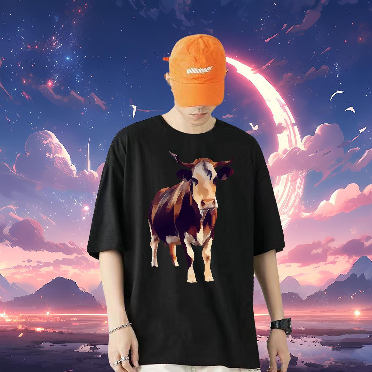 Fashion Casual T-Shirts 230g Pure Cotton cow Daily Wear Tees Shirts Breathable Crew Neck Comfortable Men Tshirts Cartoon Printing L-4XL