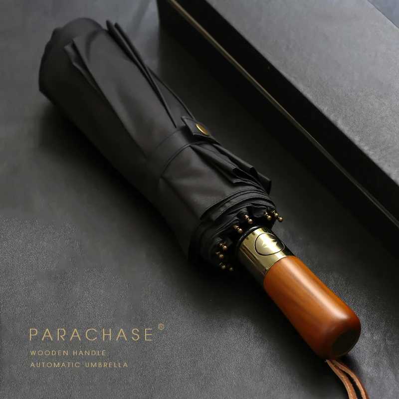 PARACHASE Big Umbrella Men Business Style 115cm Automatic Umbrella Rain Double Layer 10K Windproof Large Golf Umbrellas WoodenXJ34