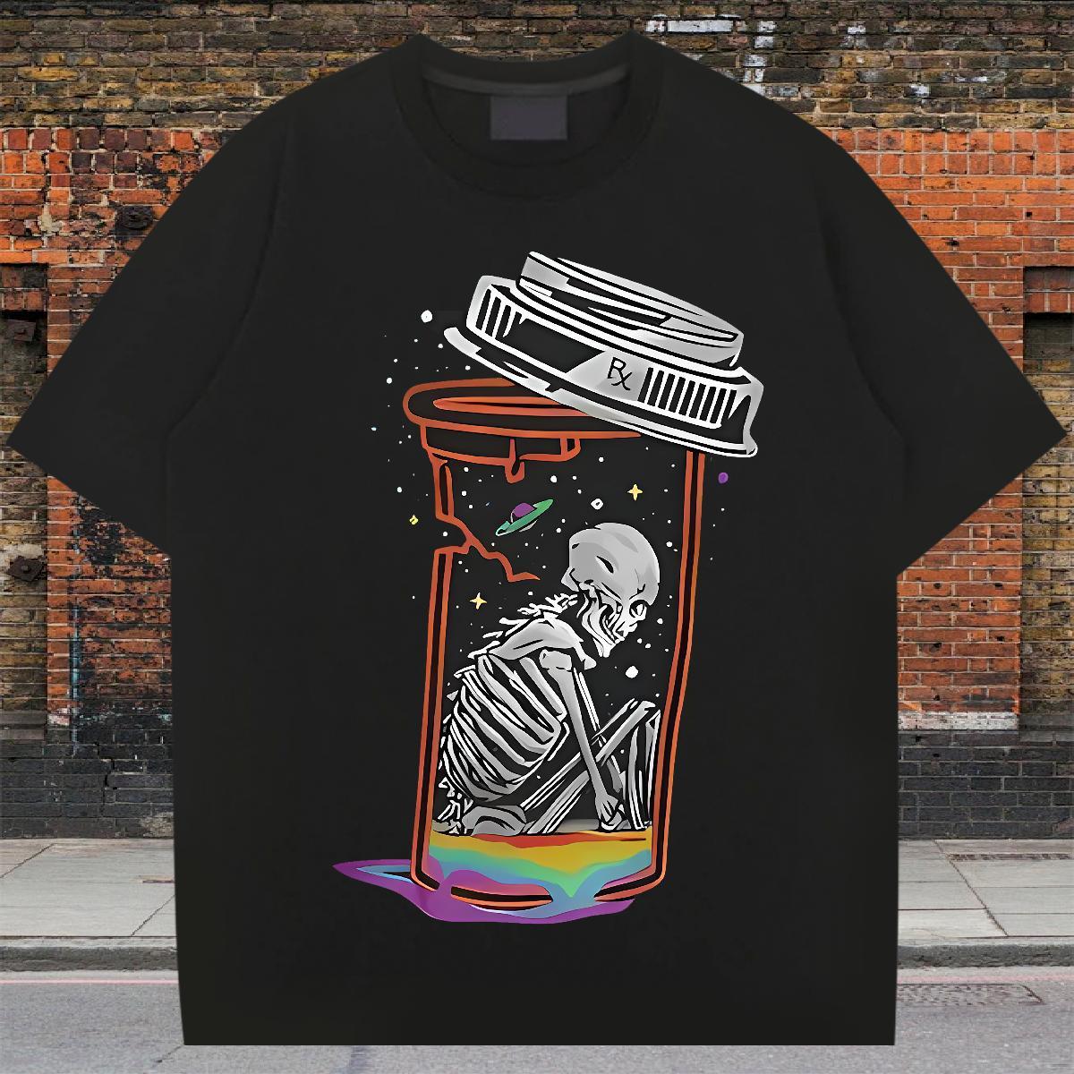 2024 Summer T-Shirts for Men 230g Pure Cotton skull Street Polos Crew Neck Breathable High Quality Men Tshirts Floral Print