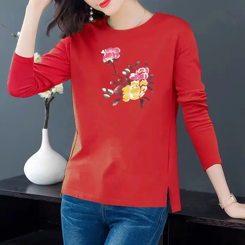 Long Sleeve Tees Shirt Women Tunic Tops Loose Casual Female T Shirt Clothes Split Plus Size Ladies Round collar Graphic Pullover 240806