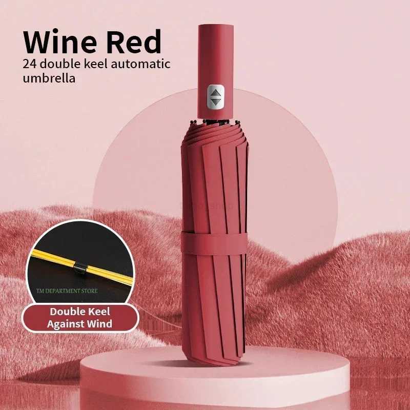 Automatic anti-UV Bone Windproof Fully Large Umbrella 3 Folding 24 Ribs Double Umbrella Travel Rain Men Women Umbrellas UPF