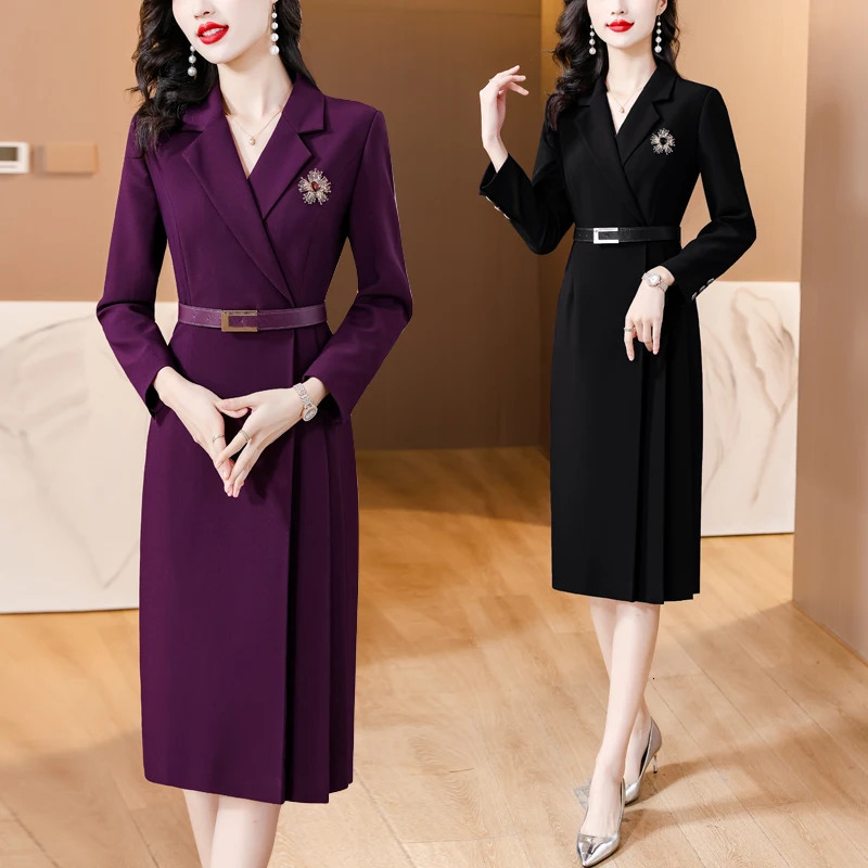 Spring Solid Color Suit Collar Long sleeved Straight Barrel Dress Womens Waist Belt Slimming Knee Length Dress 240806