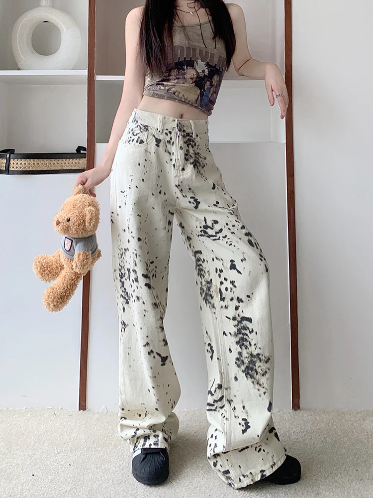WCFCX STUDIO American Retro Trendy Leopard Print Jeans Womens High Street Straight Trousers Harajuku Style Baggy Casual Pants 240806