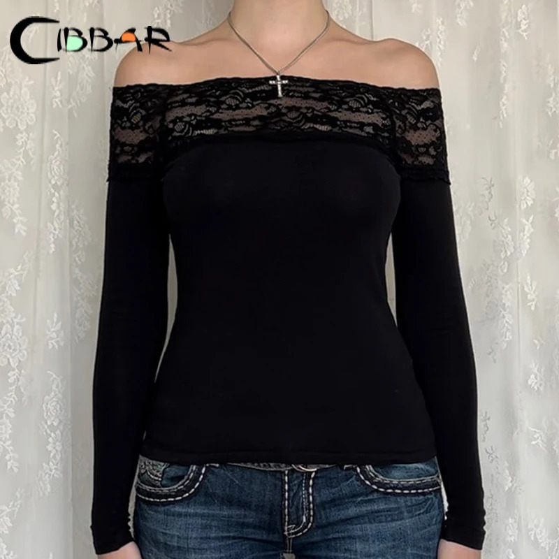 CIBBAR Black Lace Stitched Slash Neck Crop Top Elegant Sexy Skinny Long Sleeve T Shirts for Women Harajuku Y2k Autumn Tees Basic 240806