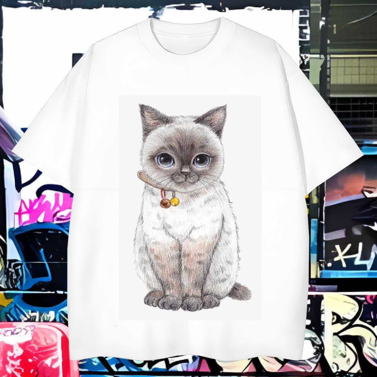 T shirt 230g 100% Cotton cat Anime Printing Street Breathable Short Sleeve Black Oversized Tshirts DIY Customized Classic Clothings