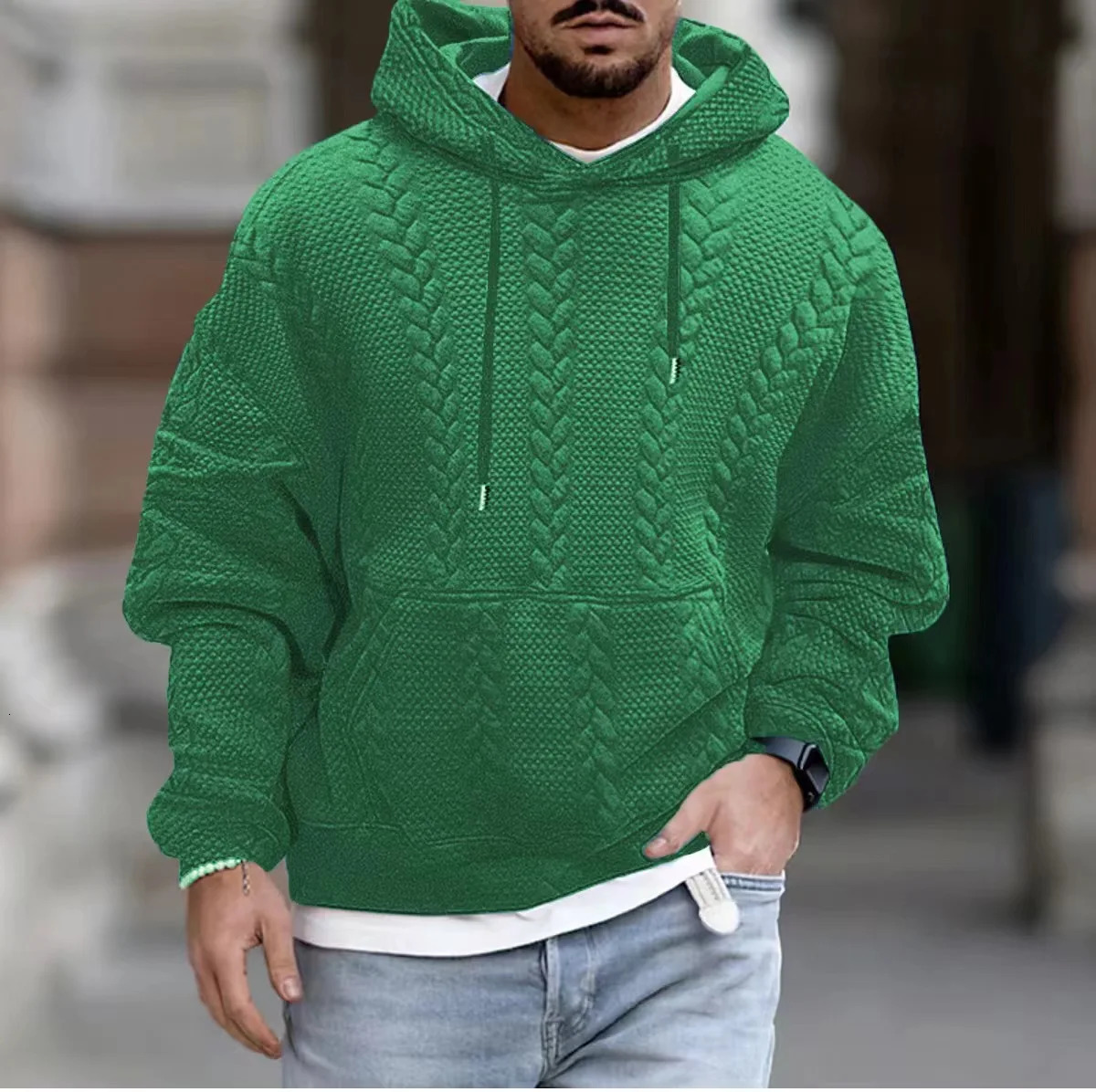 Mens Hoodie Fashion Street Clothing Casual Loose Long Sleeve Tshirt Top Solid Jacquard Knitted Pulling Flower Thick w240821