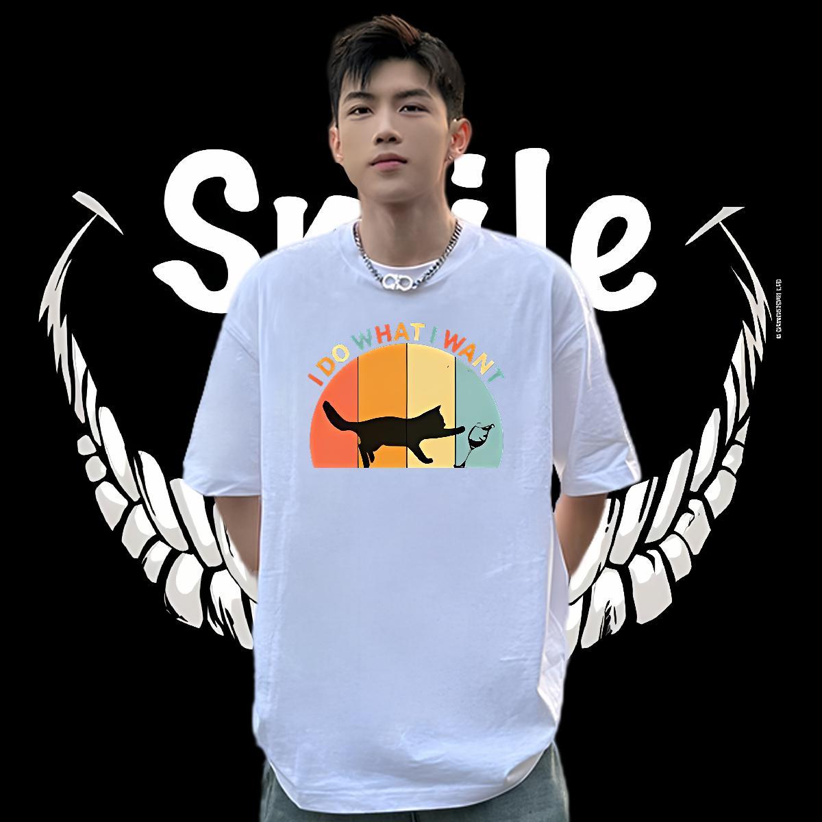 2024 Man T Shirts 230g 100% Cotton cat Spring Summer Polos Short Sleeve O-Neck Soft Men Tshirts DIY Anime
