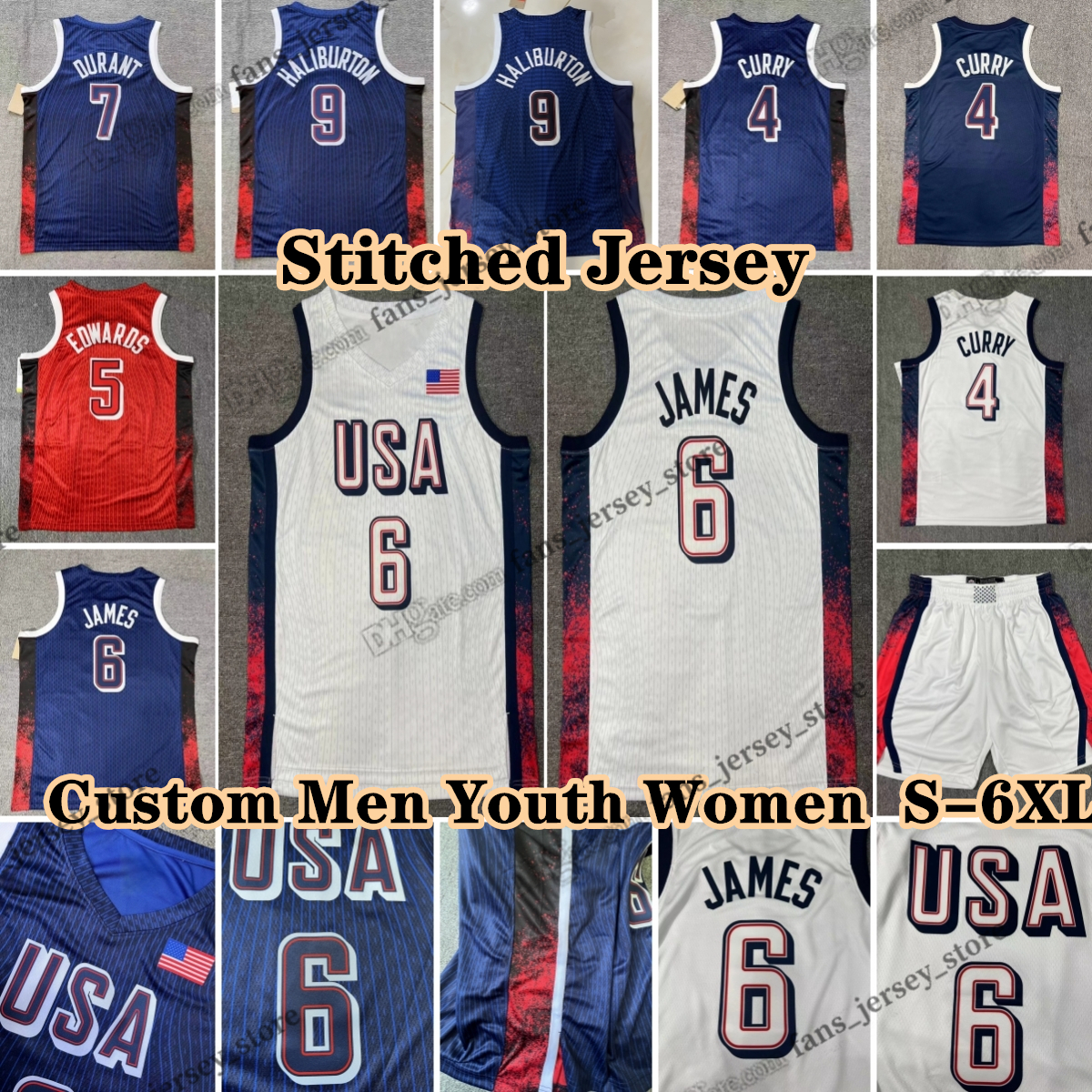 Custom 2024 USA Team Dream Basketball Jerseys Anthony Edwards Stephen Curry LeBron James Kawhi Leonard Joel Embiid Davis Adebayo Tatum Paris New Stitched Jersey