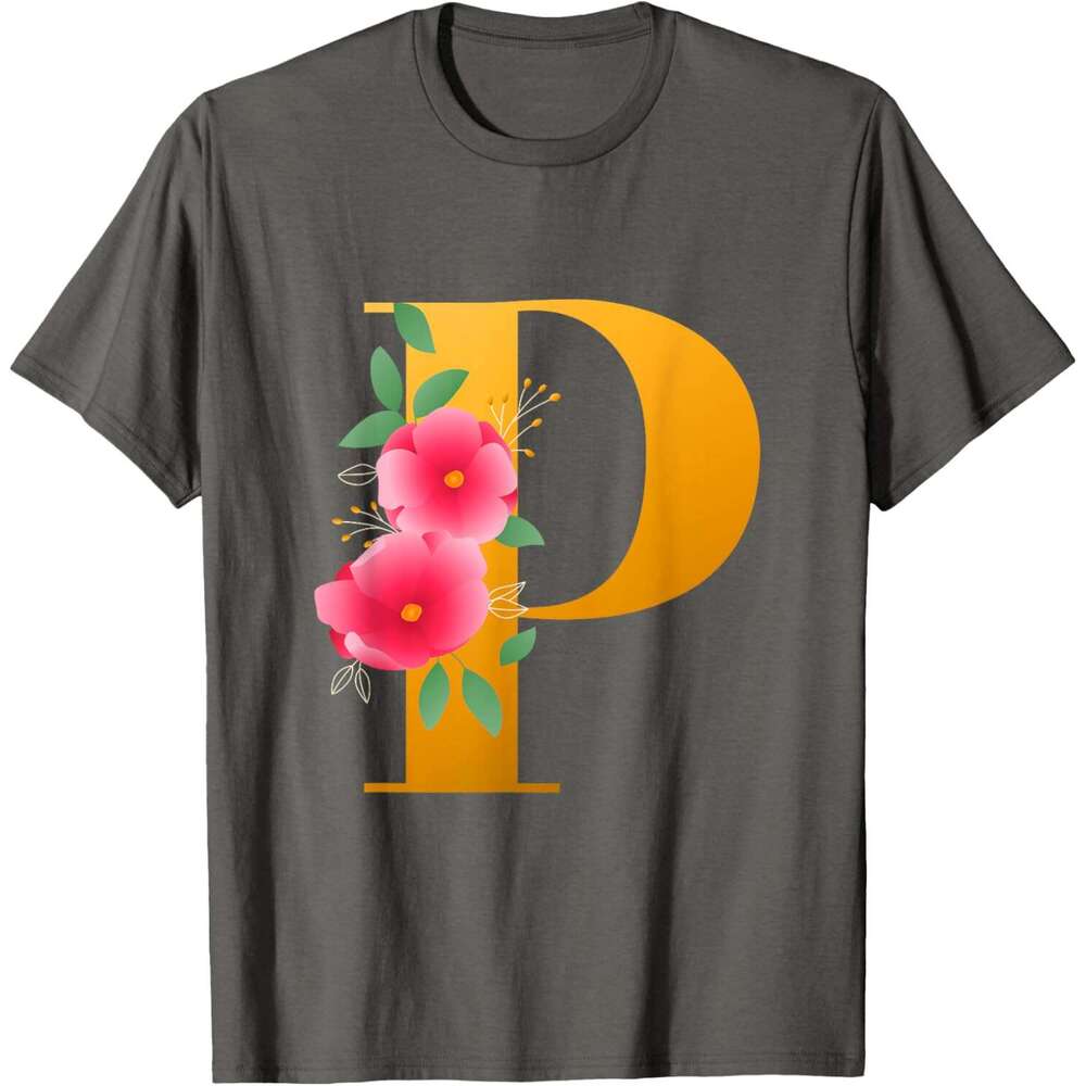 T shirt Mens Floral Alphabet Cute Initial Monogram Letter P Graphic T-Shirt shirts tshirt graphic tee Casual tops summer clothes Short sleeve Free shi
