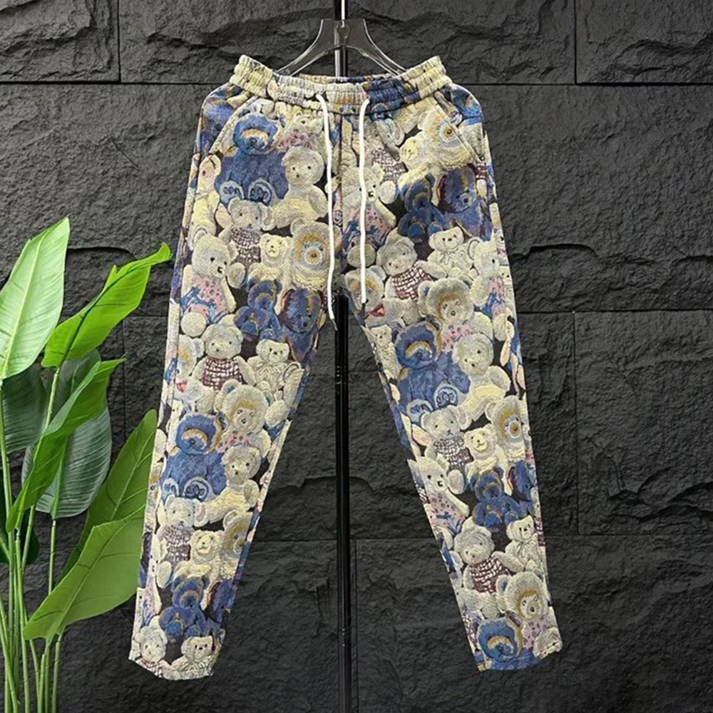 Men Bear Embroidery Suit Fashion Y2k LongSleeved Jacket Leggings Trousers Elegant Casual Loose Sports TwoPiece Set For y240813