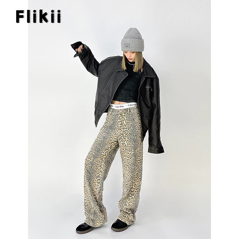 Womens Fashion High Street Vintage Wide Leg Baggy Y2K Denim Trouser Vintage Casual High Waist Pants 2000s Leopard Print Jeans 240806