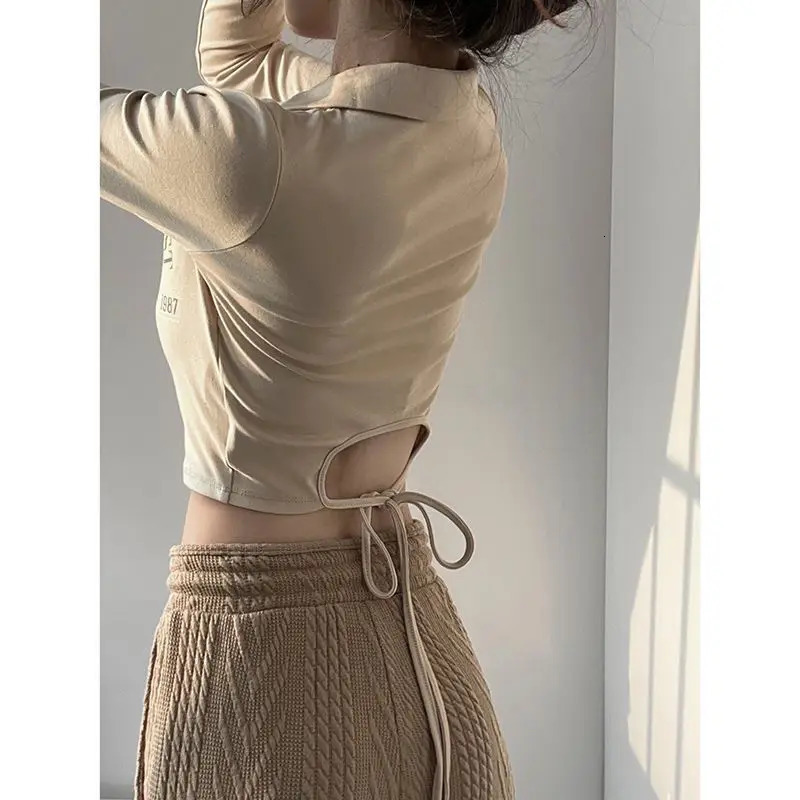 Zip Up Cutting T-shirt Womens Retro Y2k Graphic Polo Top Ultra Thin Bandage Shirt Long Sleeve T-shirt Brown Almond 240827