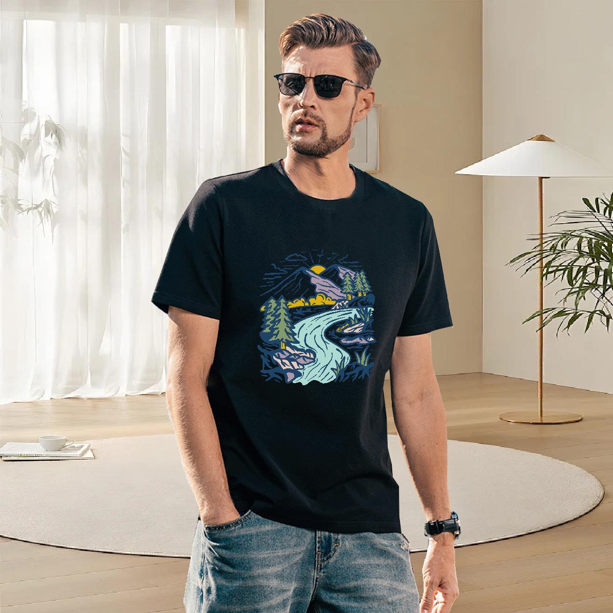 Free Shipping Tshirts 100% Cotton 230g Street Wear Mountain Custom Printed Short Sleeve O-Neck Fashion New T Shirts Men Tops Tees
