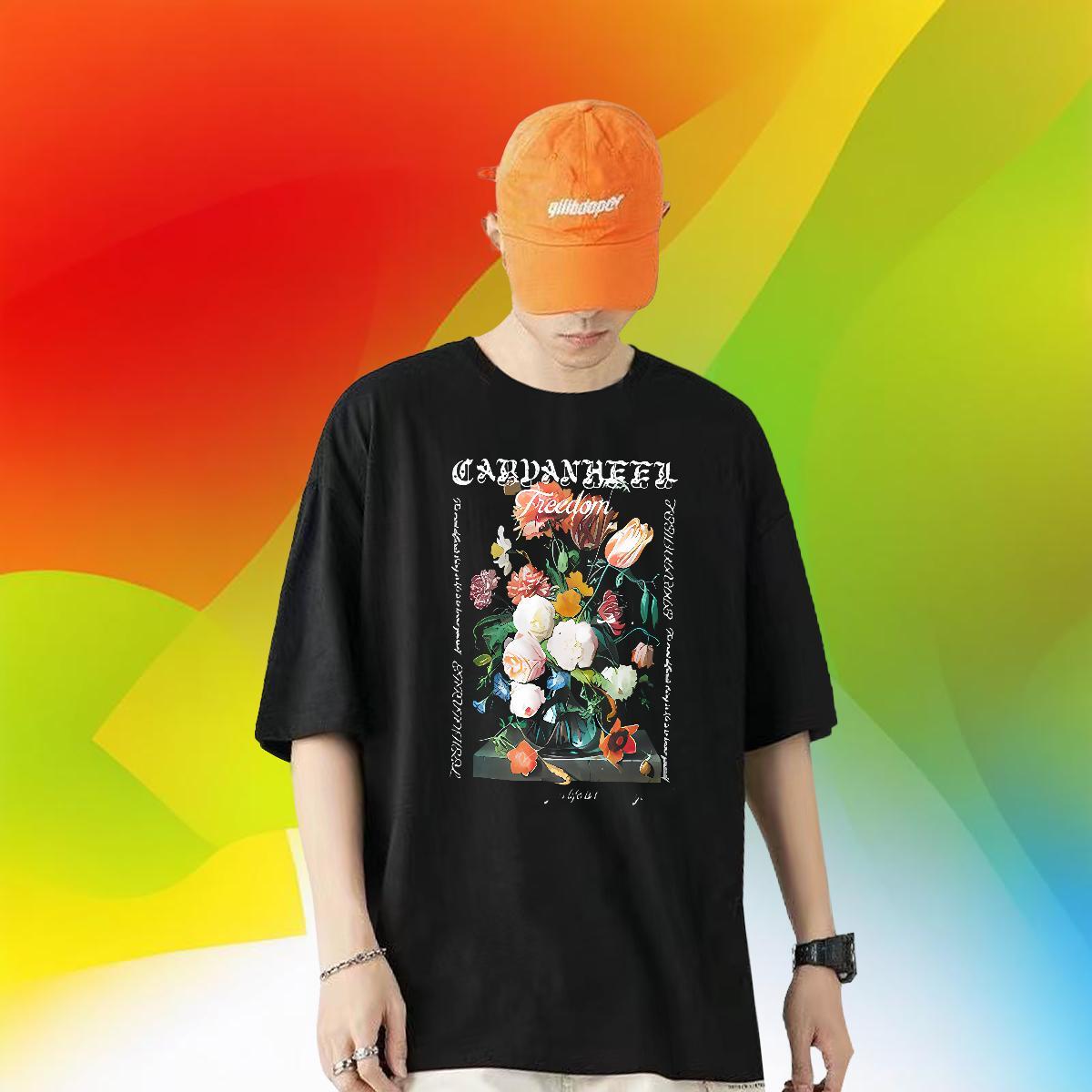 Classic T-Shirts 230g Cotton flower Street Tops Tees Pure Cotton Free Shipping Men Tees Black Oversized