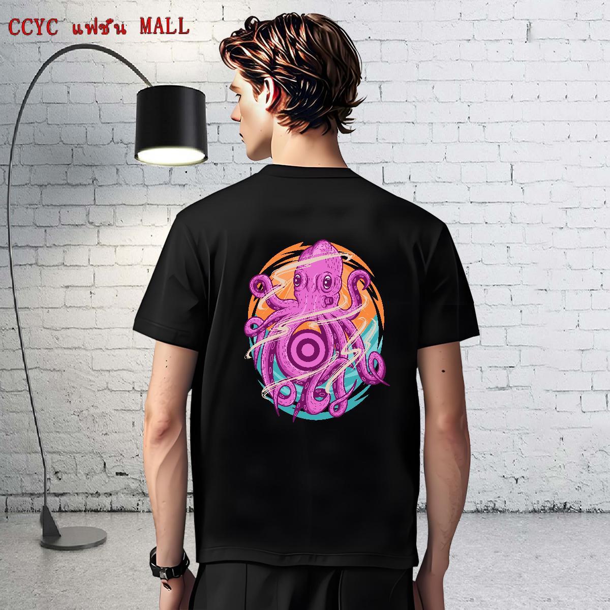 Cool Men Clothes T-Shirt 230g 100% Cotton Street octopus Floral Print O Neck Short Sleeves 2024 Man T Shirts Tops Shirt
