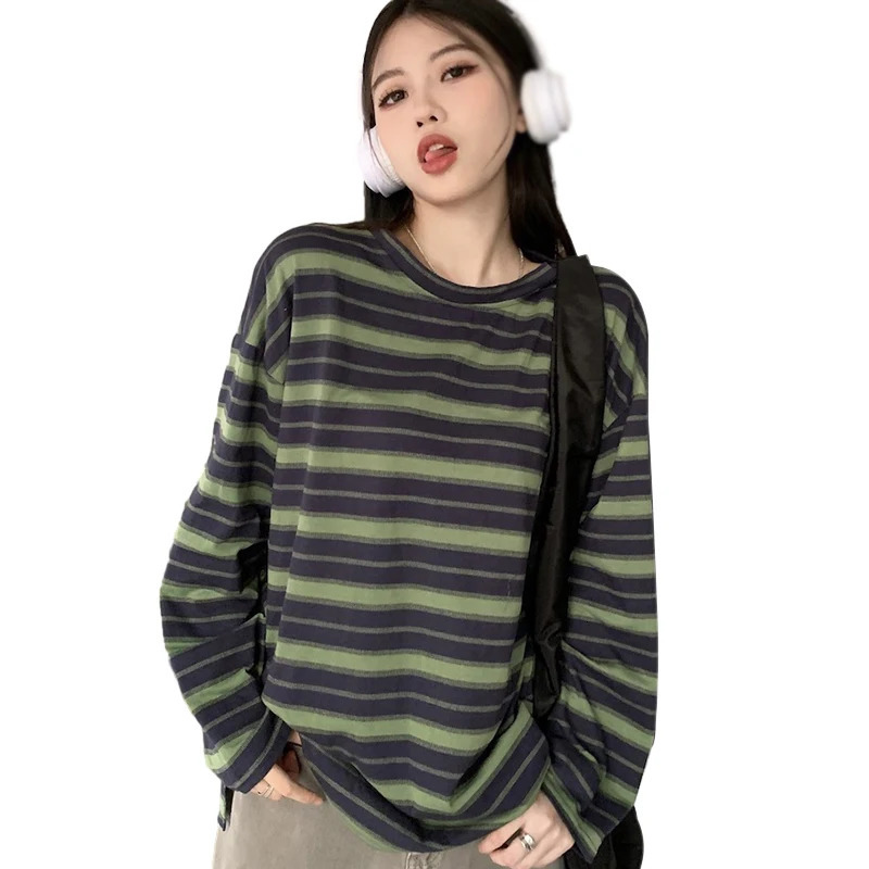 Spring Autumn Women T-shirts Long Sleeves Preppy Style O Neck Fashion Casual Stripe Tops 240806