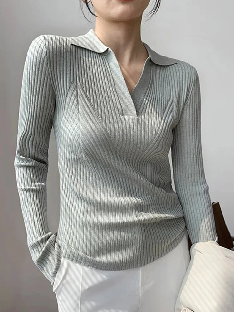 Korean Elegant Women Slim Fit Solid Color Knitted Top Fashion Polo Neck Long Sleeved Womens Pit Knitted Shirt Autumn and Winter 240806