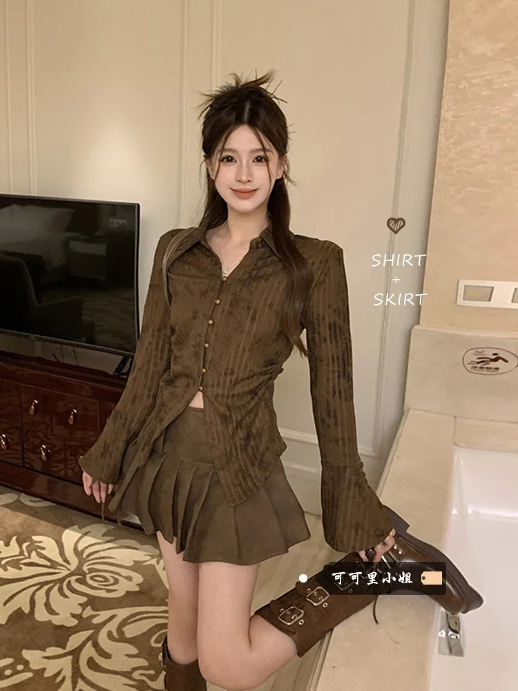 Womens Striped Shirts Blouses 90s Y2k Vintage Korean Harajuku 2000s Elegant Fashion Long Sleeve Polo-Neck Shirt Clothes Autumn 240806