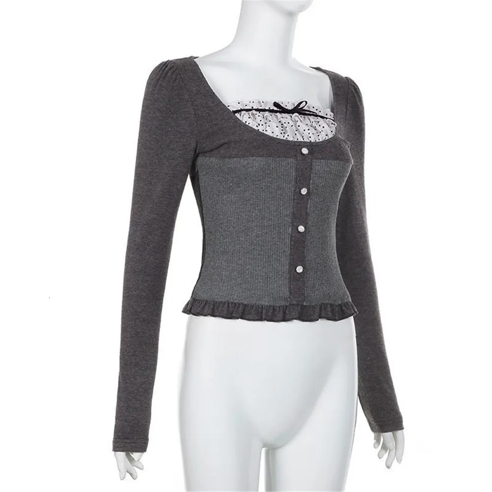 Y2K Polka Dot Print Tops Contrast Patchwork Knitted Grey Autumn Spring Cute Bow T-shirts Street Slim-fit Long Sleeve Knitwear 240806