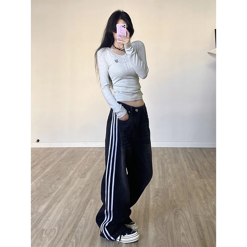 Women Black Gothic Baggy Jeans Vintage Korean Oversize High Waist Cowboy Pants Harajuku Wide Denim Trouser 90s Y2k 2000s Clothes 240806
