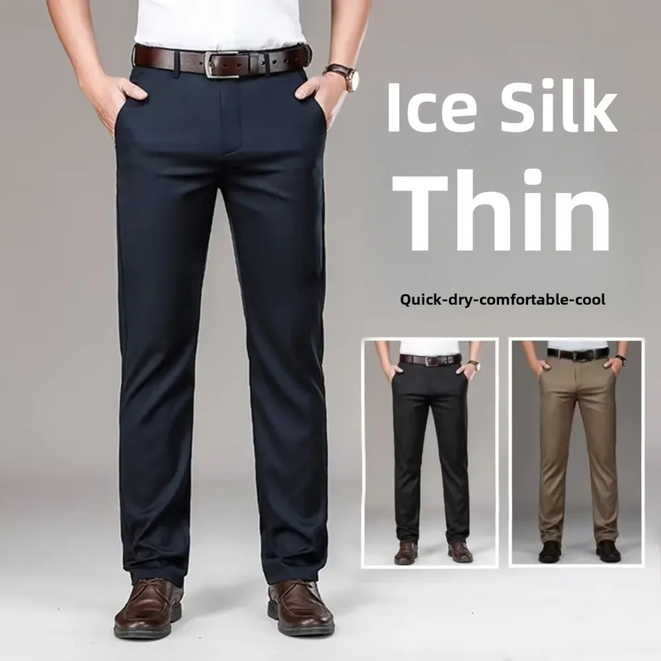 Mens Casual Trousers Business Formal Ice Silk Pants Summer Thin Straightleg Loosefit For Middleaged Men 240806