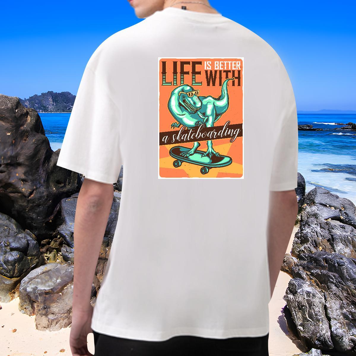 Soft Mens Tshirts 100% Cotton 230g dinosaur T-Shirts for Men Beach Breathable Skull Fashion Design Tee Shirt