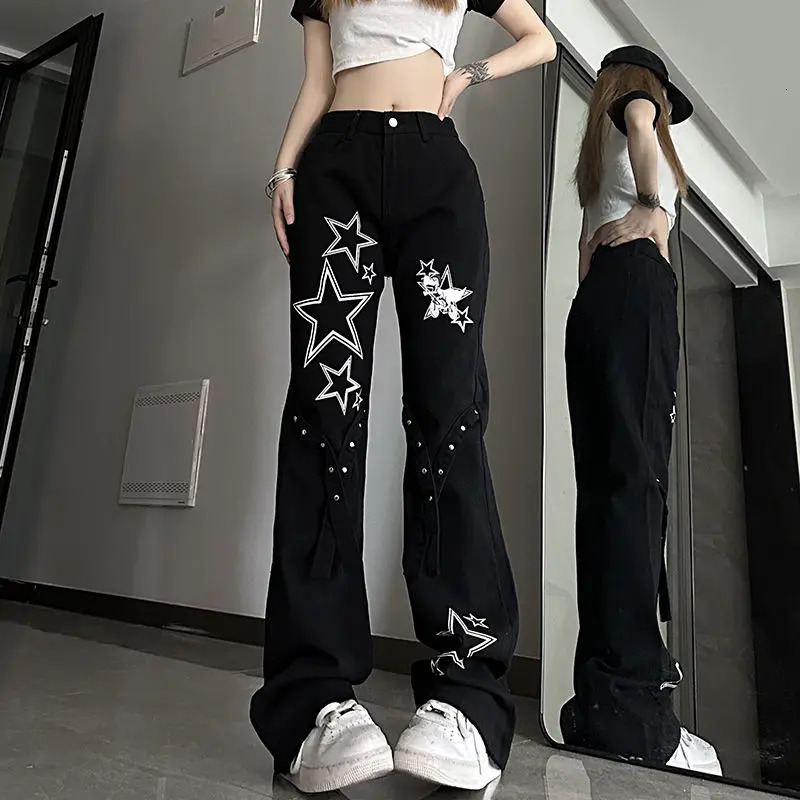 Harajuku Vintage High Waist Jeans Streetwear Women Clothing Y2k Patchwork Stars Prints Wide-leg Pants Casual Cargo Jeans 240806