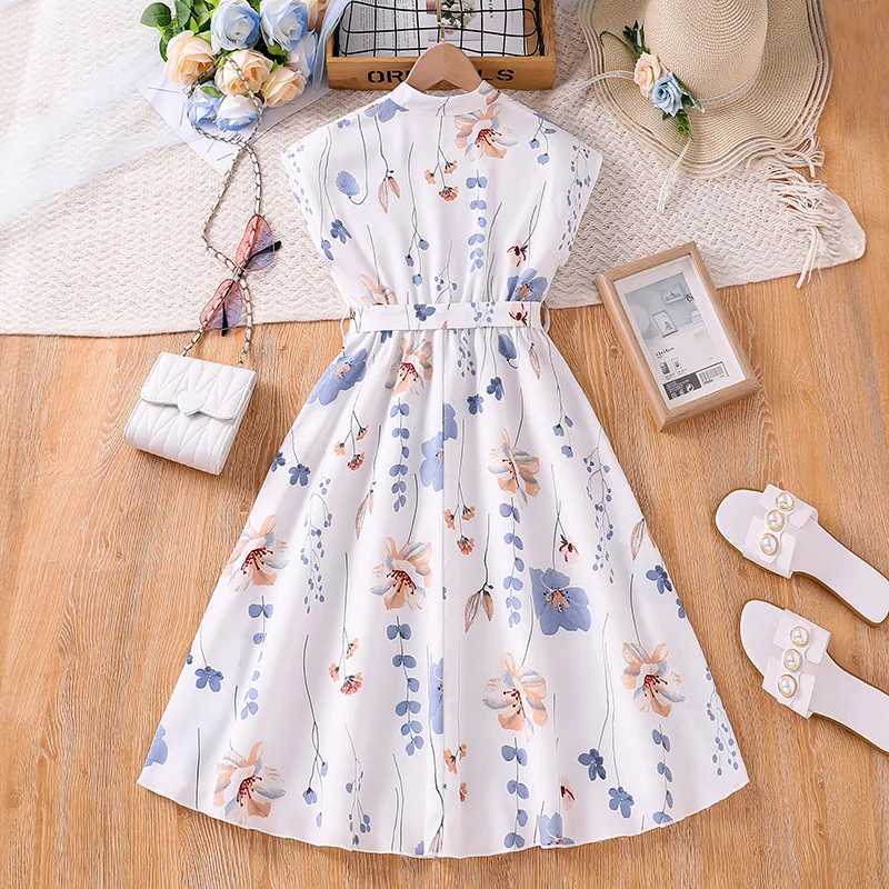 Childrens casual womens summer new childrens fashion floral print sleeveless white high waisted princess dress 7-14YW240720