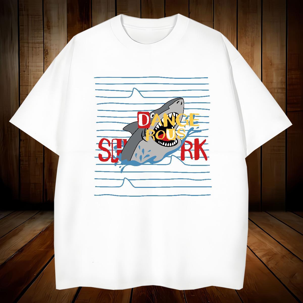 T-Shirts for Men 230g Cotton shark Daily Wear O-Neck Short Sleeve Black Oversized Tshirts 2024 Designer Cool Clothings